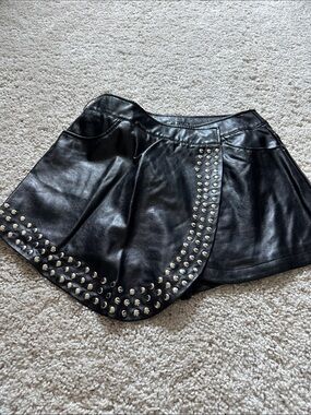 VENUS Black Faux Leather Skater Mini Skirt with Silver Studs